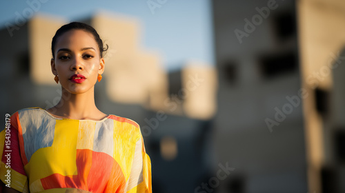 A richly detailed view of modern fashion model with vibrant yellow hairdo, glowing skin, stylish top, and focus on the m keyboard – blending elegance and profession

or shorter.