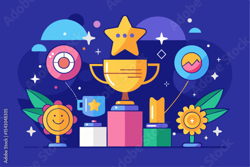 A flat vector illustration of five business people holding large golden stars, symbolizing teamwork, customer satisfaction, five-star ratings, and positive reviews.