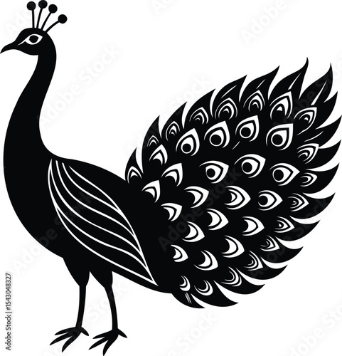 A bold black and white design of a stylized peacock illustration