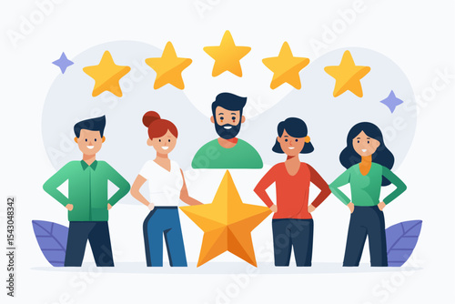 A flat vector illustration of five business people holding large golden stars, symbolizing teamwork, customer satisfaction, five-star ratings, and positive reviews.