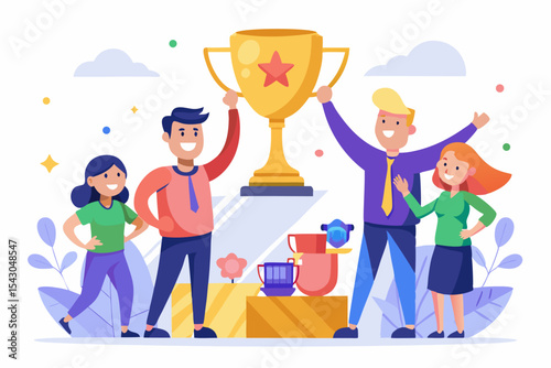 A flat vector illustration of five business people holding large golden stars, symbolizing teamwork, customer satisfaction, five-star ratings, and positive reviews.