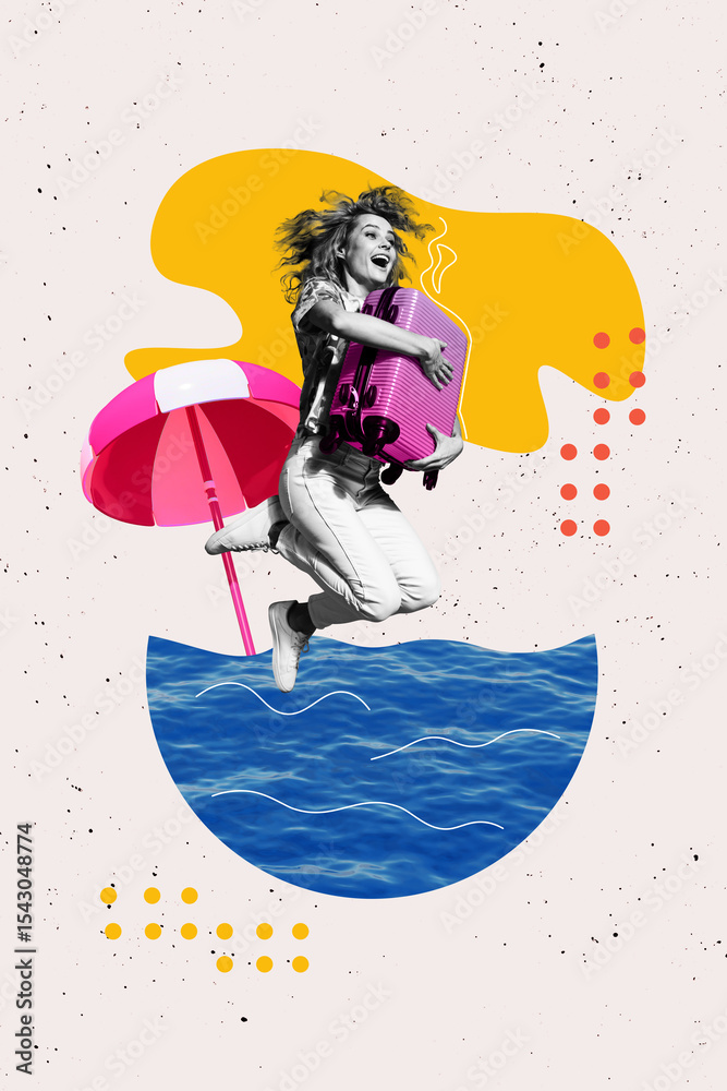 Obraz premium Image vertical artwork collage of happy girl jump water sea swimmer resort tourist hold suitcase parasol summer adventure rest