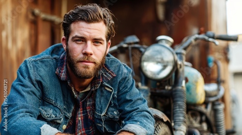 A rugged man poses confidently beside a vintage motorcycle, capturing the essence of adventure and freedom in his striking gaze against a rustic backdrop that complements his style.