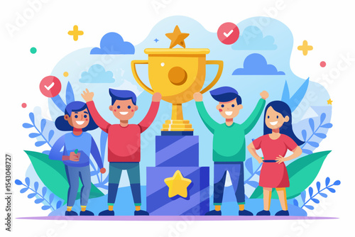A flat vector illustration of five business people holding large golden stars, symbolizing teamwork, customer satisfaction, five-star ratings, and positive reviews.