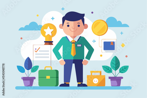 A flat vector illustration of five business people holding large golden stars, symbolizing teamwork, customer satisfaction, five-star ratings, and positive reviews.