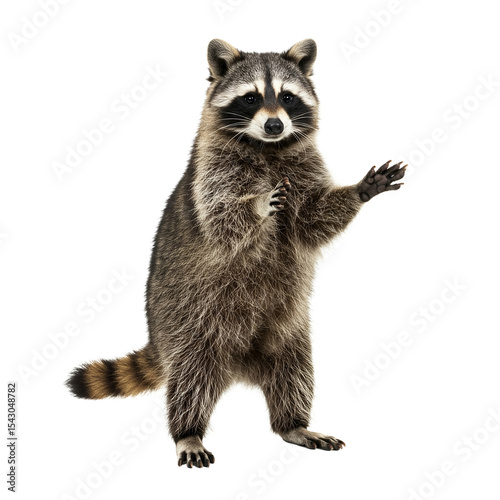 Raccoon Standing Upright with Paws Raised on isolated background