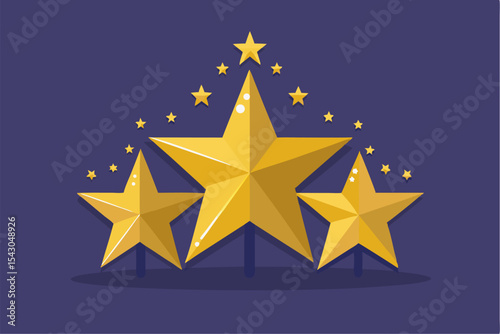A flat vector illustration of five business people holding large golden stars, symbolizing teamwork, customer satisfaction, five-star ratings, and positive reviews.