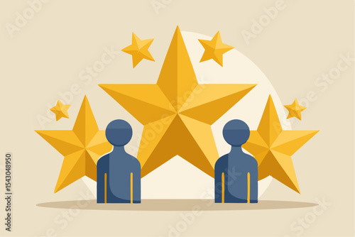 A flat vector illustration of five business people holding large golden stars, symbolizing teamwork, customer satisfaction, five-star ratings, and positive reviews.