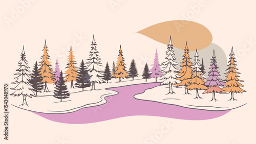 Illustration of a winter landscape with colorful trees and a winding river in a serene setting