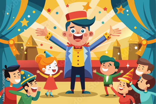 A flat vector illustration of five business people holding large golden stars, symbolizing teamwork, customer satisfaction, five-star ratings, and positive reviews.
