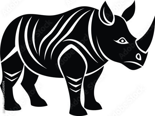 Stylized Black and White Vector Illustration of a Rhinoceros with Striped Pattern
