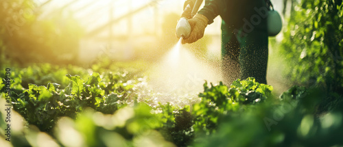 Farmer spraying organic fertilizers in high-fidelity sustainable agricultural field