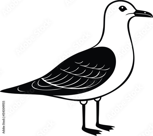 Stylized Seagull Standing in Black and White with Detailed Wing Feathers