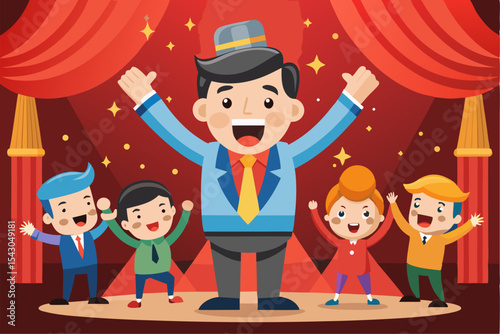 A flat vector illustration of five business people holding large golden stars, symbolizing teamwork, customer satisfaction, five-star ratings, and positive reviews.