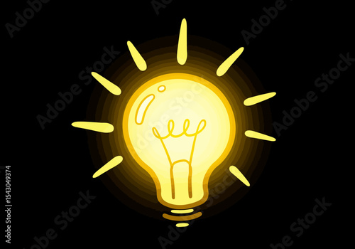 A brightly lit cartoonstyle lightbulb radiates light against a black background