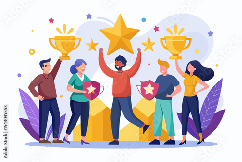 A flat vector illustration of five business people holding large golden stars, symbolizing teamwork, customer satisfaction, five-star ratings, and positive reviews.