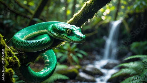 Green Snake Coiled on Branch Near Forest Waterfall Scenery
