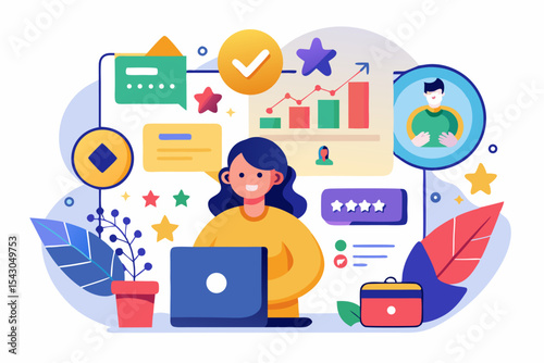 A flat vector illustration of five business people holding large golden stars, symbolizing teamwork, customer satisfaction, five-star ratings, and positive reviews.