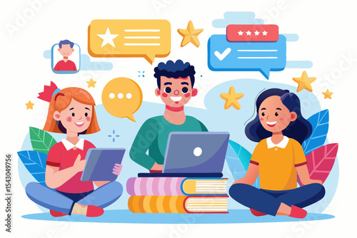 A flat vector illustration of five business people holding large golden stars, symbolizing teamwork, customer satisfaction, five-star ratings, and positive reviews.