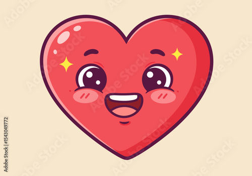 A cartoon heart with big eyes a wide smile and shiny cheeks on a pale background