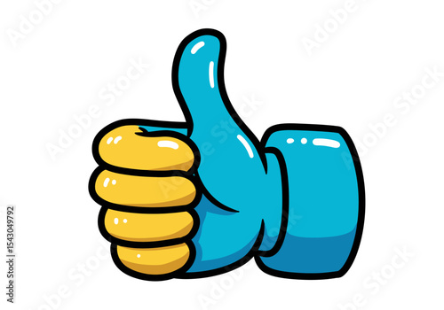 A cartoon hand with a blue palm and yellow fingers giving a thumbs up on a white background