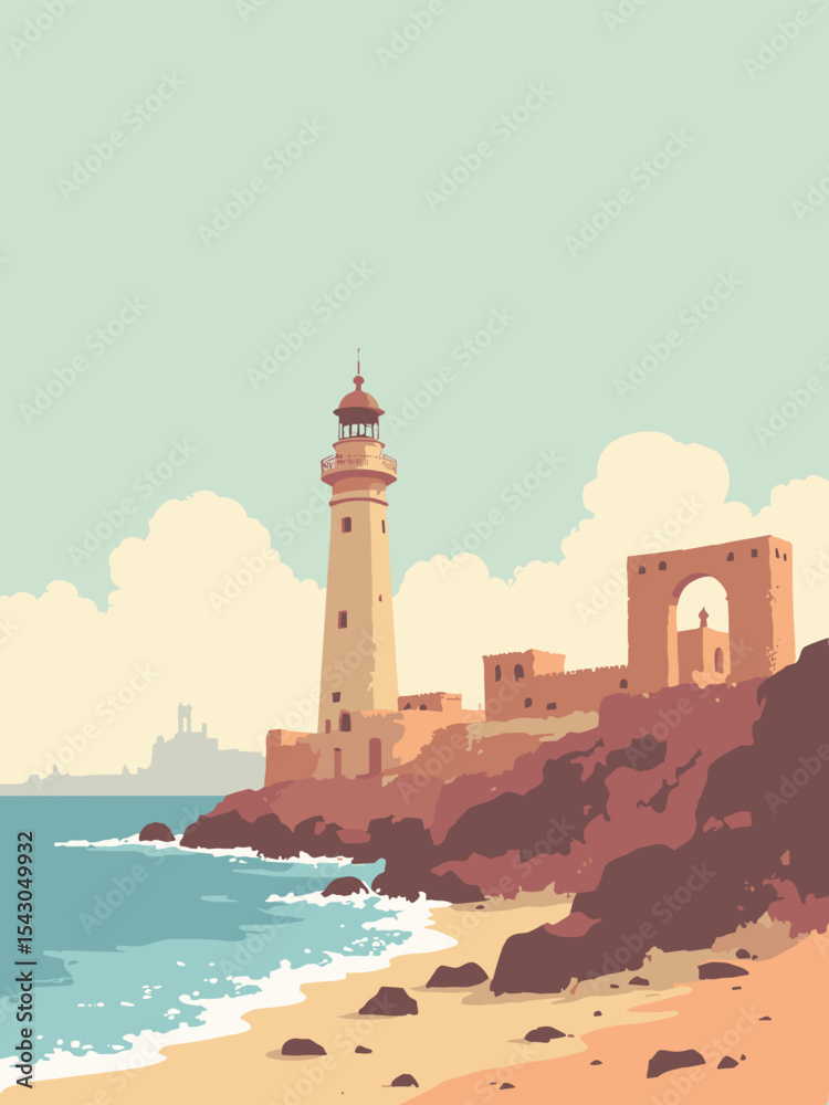 Somalia - Mogadishu Lighthouse, Laas Geel Paintings, Hargeisa Cathedral ruins in desert cream, rock red, sea blue, and sand