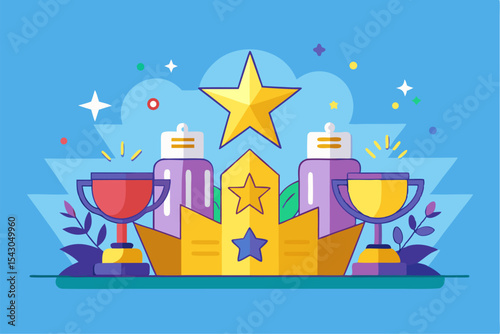 A flat vector illustration of five business people holding large golden stars, symbolizing teamwork, customer satisfaction, five-star ratings, and positive reviews.