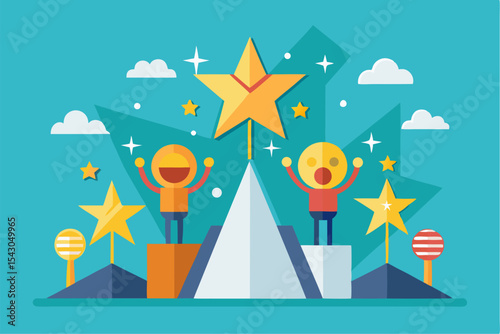 A flat vector illustration of five business people holding large golden stars, symbolizing teamwork, customer satisfaction, five-star ratings, and positive reviews.