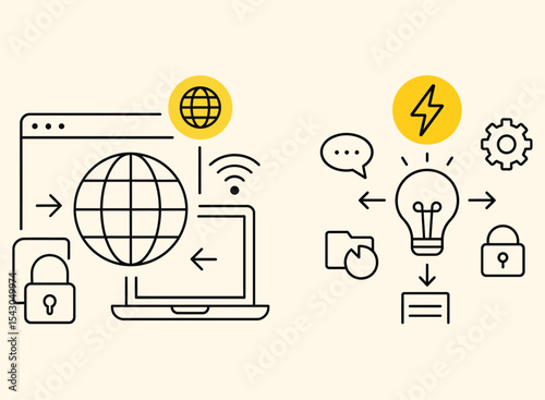Technology and Innovation Icon Set Global Internet, Idea Lightbulb, Analytics & Cybersecurity Vector
