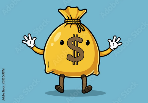 A cartoon moneybag character complete with arms legs gloves and a dollar sign standing on a blue background