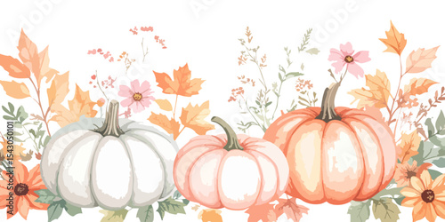 Autumn border with colorful leaves, pumpkins and fall flowers