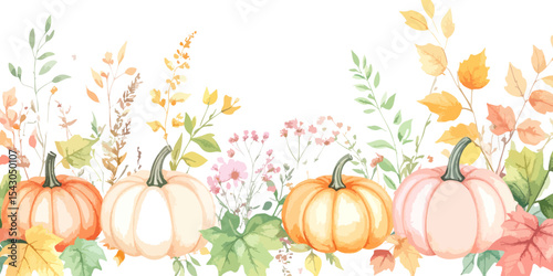 Autumn border with colorful leaves, pumpkins and fall flowers
