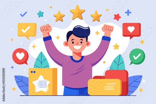 A flat vector illustration of five business people holding large golden stars, symbolizing teamwork, customer satisfaction, five-star ratings, and positive reviews.