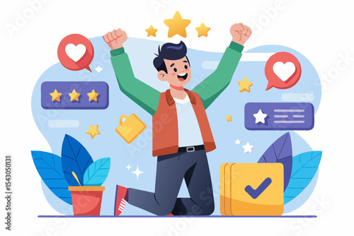 A flat vector illustration of five business people holding large golden stars, symbolizing teamwork, customer satisfaction, five-star ratings, and positive reviews.