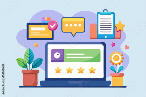 A flat vector illustration of five business people holding large golden stars, symbolizing teamwork, customer satisfaction, five-star ratings, and positive reviews.