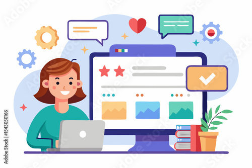 A flat vector illustration of five business people holding large golden stars, symbolizing teamwork, customer satisfaction, five-star ratings, and positive reviews.