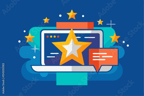A flat vector illustration of five business people holding large golden stars, symbolizing teamwork, customer satisfaction, five-star ratings, and positive reviews.