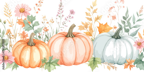 Autumn border with colorful leaves, pumpkins and fall flowers