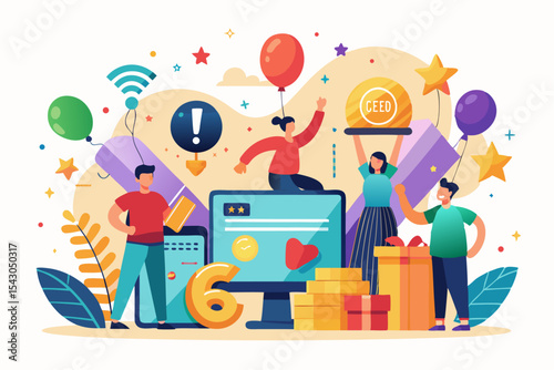 A flat vector illustration of five business people holding large golden stars, symbolizing teamwork, customer satisfaction, five-star ratings, and positive reviews.