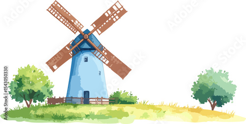 An old Dutch wooden windmill, a traditional agricultural building in the countryside, stands on a hillside under a blue sky.