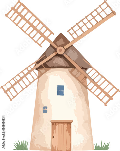 An old Dutch wooden windmill, a traditional agricultural building in the countryside, stands on a hillside under a blue sky.
