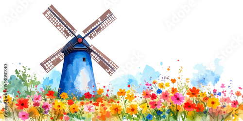 Traditional Dutch windmills stand tall against the sky amidst bright tulip fields