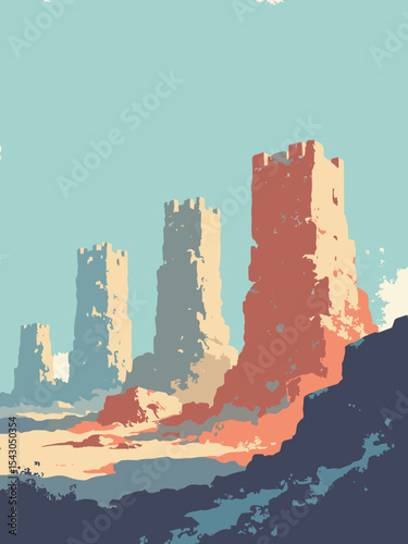 Azerbaijan - Flame Towers, Maiden Tower, Gobustan Rock Art in tower glass blue, stone brown, rock beige, and fire red