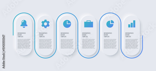 Neumorphic infographic template. Six steps of a process with icons and space for data.