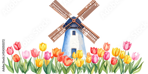 The landscape of the Netherlands is dotted with old windmills amidst bright green fields and colorful tulips under a vast sky