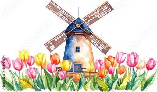 The landscape of the Netherlands is dotted with old windmills amidst bright green fields and colorful tulips under a vast sky