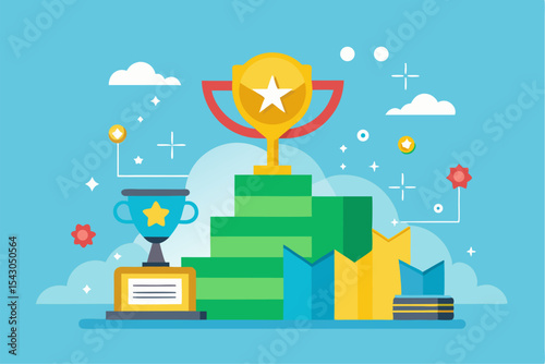 A flat vector illustration of five business people holding large golden stars, symbolizing teamwork, customer satisfaction, five-star ratings, and positive reviews.