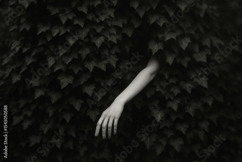 Mysterious black and white scene: A pale human arm and hand emerge from a dense wall of dark ivy leaves. Conceptual image evoking themes of hiding, nature's embrace, secrecy, or vulnerability.