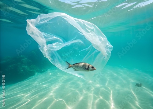 A dead fish trapped in a plastic bag floats in clear turquoise waters, a tragic symbol of the devastating impact of plastic pollution on marine life