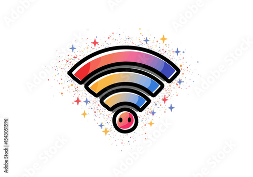 A colorful WiFi symbol with a pigs face at the bottom surrounded by dots and stars